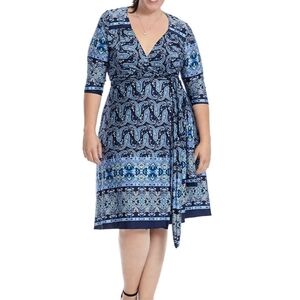 Kiyonna 2 18/20 Blue Paisley True Wrap Dress, V-Neck Stretch and Flattering Fit
